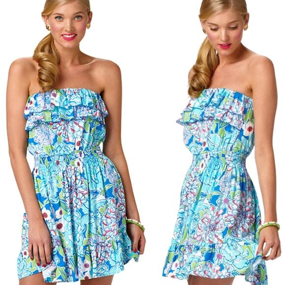 Lilly Pulitzer Dress Quincy Worth Blue May Flowers Strapless Beach Vacation S - Picture 2 of 14